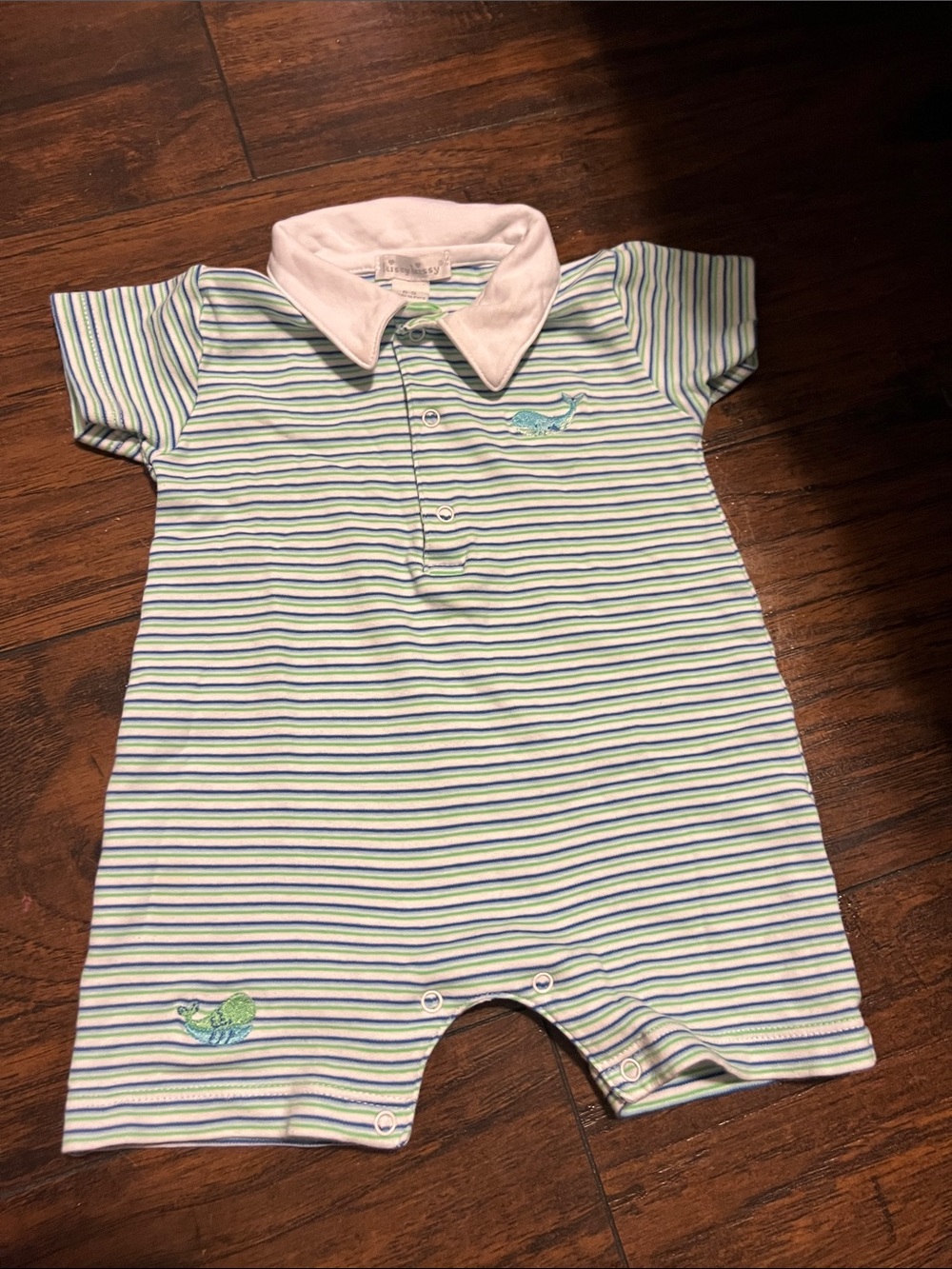 Kissy Kissy Striped Polo Footie in Blue and Green